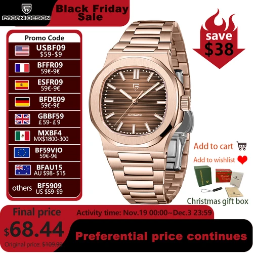Relojes PAGANI DESIGN para hombre, nuevo reloj automático de lujo de oro rosa, reloj de pulsera mecánico resistente al agua con cristal de zafiro para hombre 2025