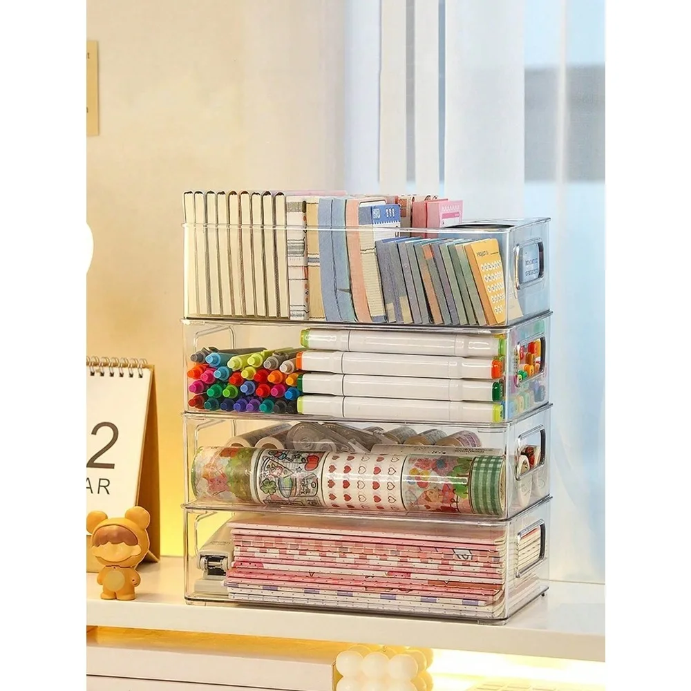 

2pcs/3pcs Transparent Stackable Desk Organizer Boxes, Large Capacity Desktop Storage Containers, Multi-Purpose Organizer Boxes For Storing Cosmetics, Stationery, Notes, Folders And Other Miscellaneous Items. Suitable For Home, School, Office, And Back-To-