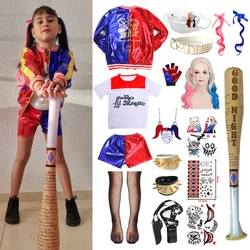 Harleen Quinzel Kids Girls Cosplay Costumes Fantasia Arlequina Halloween Party Dress Jacket Baseball Bat Clothes Set