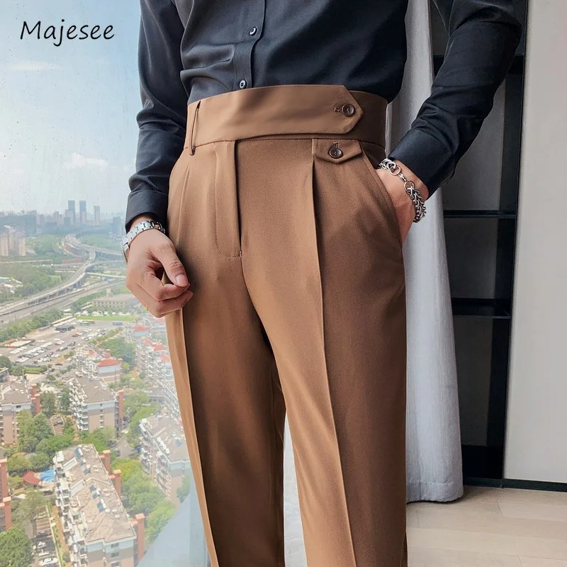 

Casual Pants Men High Waist Simple Daily Pure Color Ankle Length British Style Temperament Button Design Trousers Handsome Chic