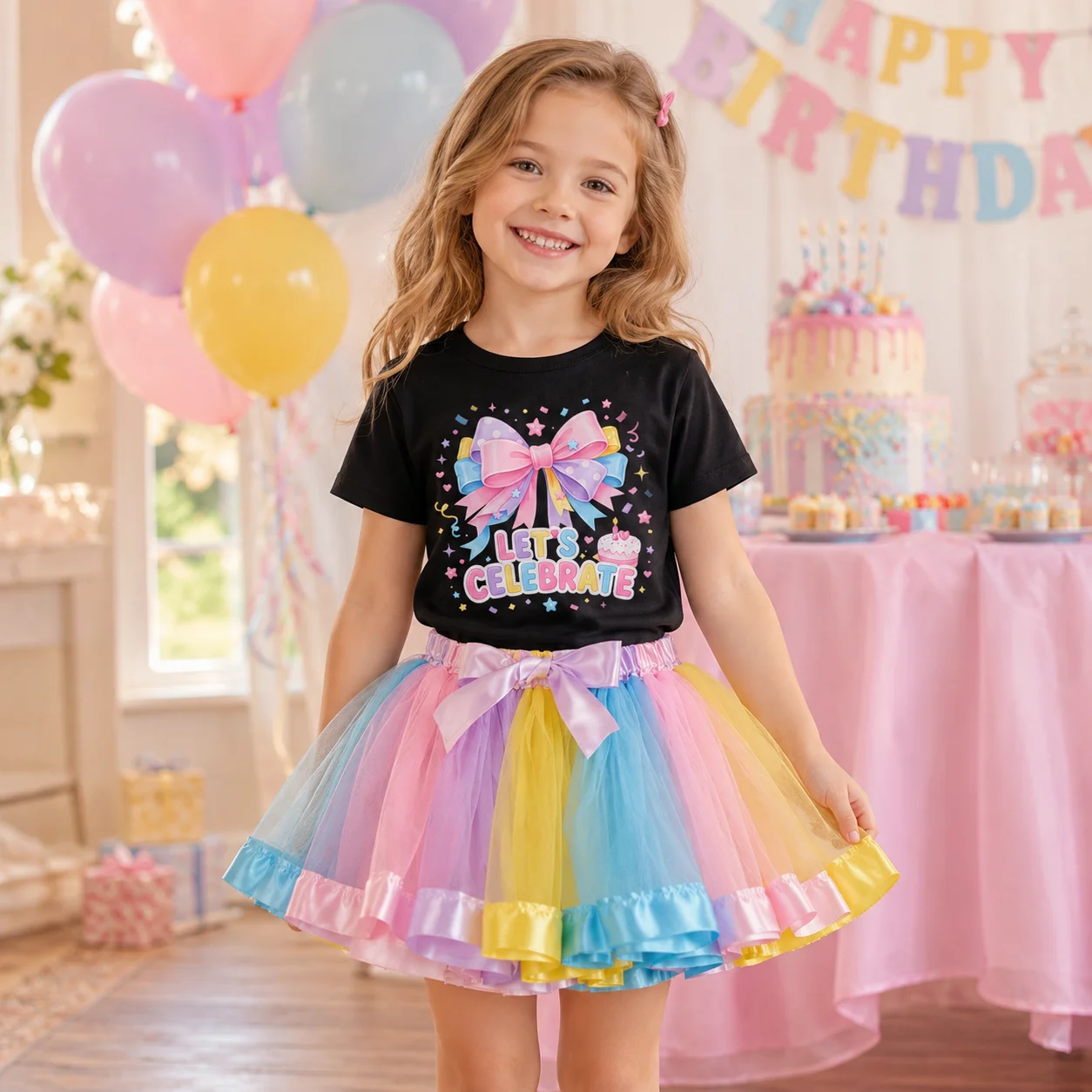 Girls Birthday Outfit 2Pcs Set LET'S CELEBRATE Bow Print Short Sleeve T-Shirt Rainbow Pastel Tutu Skirt Kids Princess Party Cost