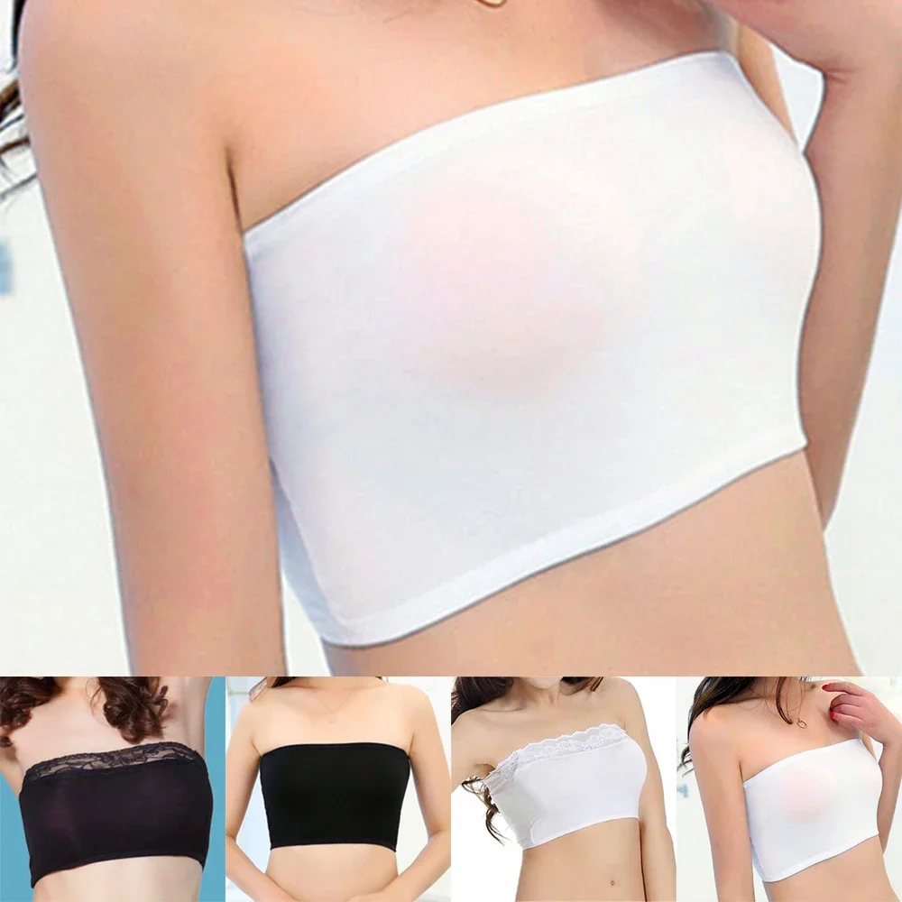 Sexy Women Tube Top Lace Solid Stretch Bandeau Bra Strapless Breathable Crop Tank Wrap Chest Short Tops Simple Camisole Bras