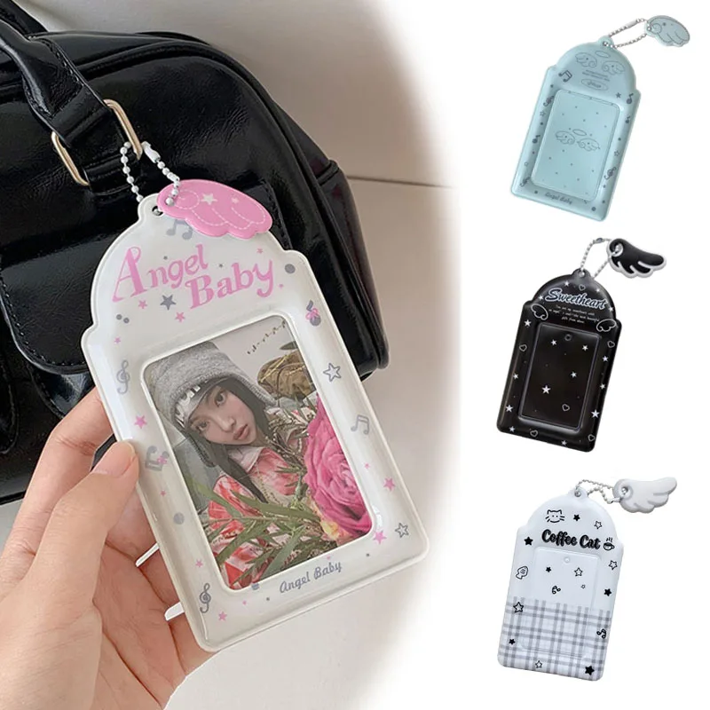 3 inch Cute Angel Wing Photo Card Case Kpop Idol Photo Sleeves Keychain Pendant Students ID Bank Card Holder Bus Card Protector