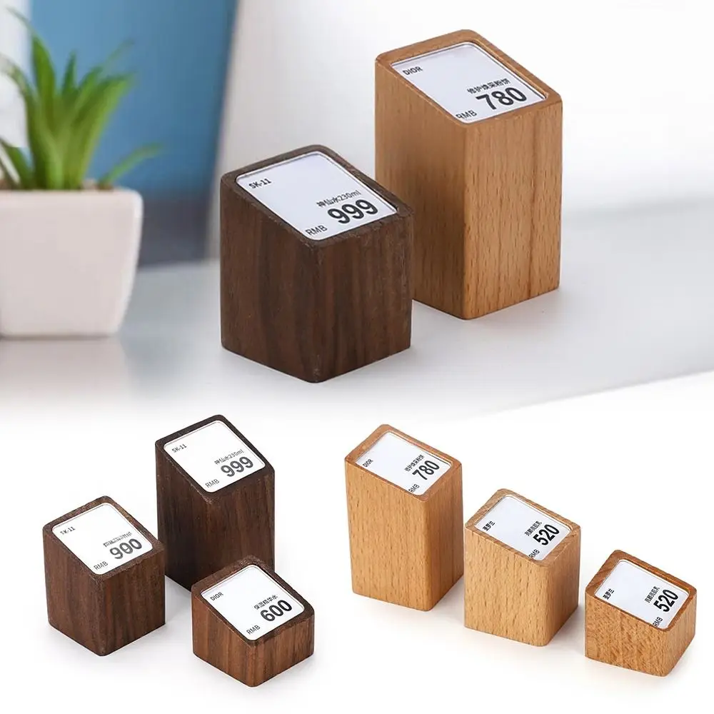 Multi-size Price Tag Holder Acrylic Window Kahki Coffee Display Stand Price Labeling Rack Wood Base Name Card Tags Holder