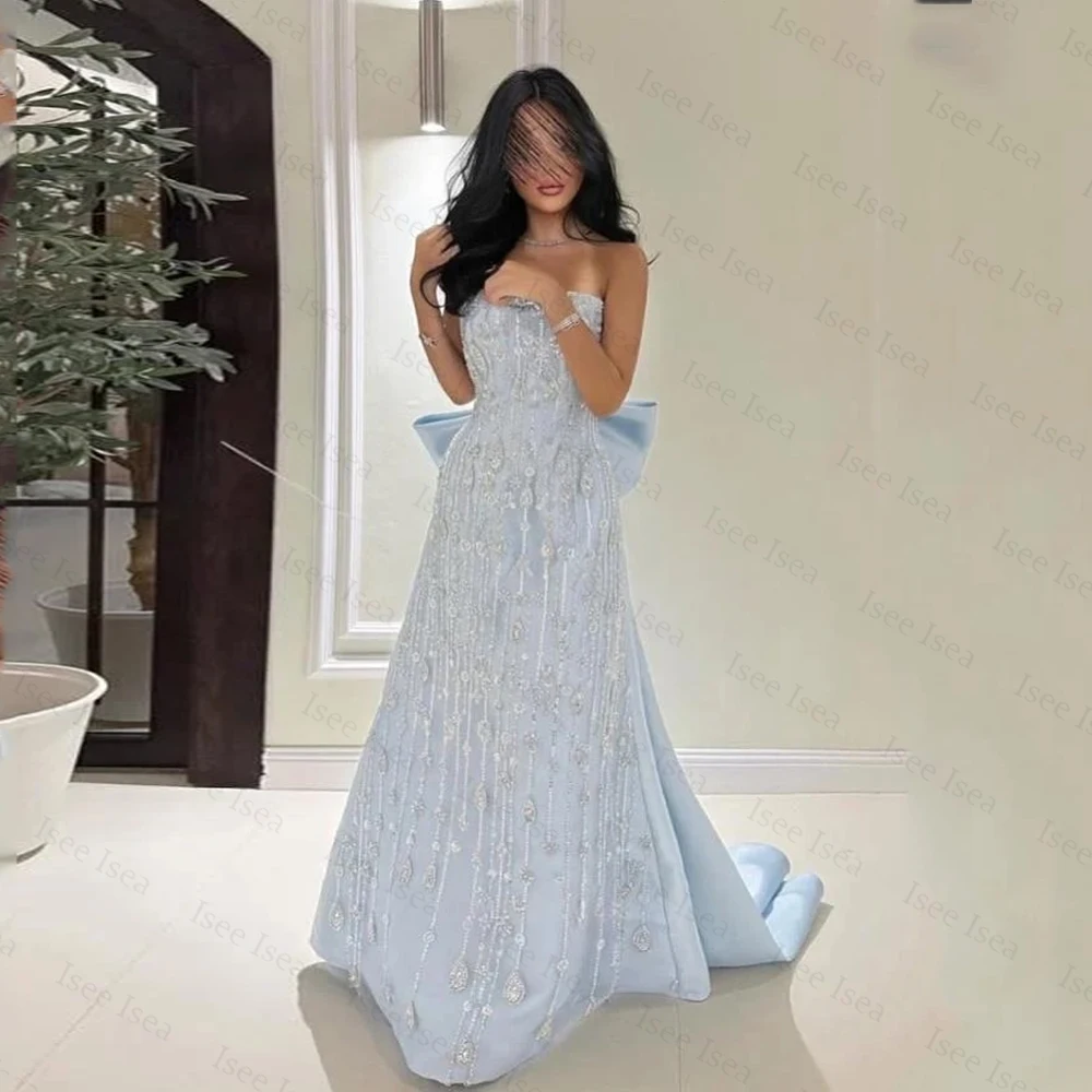 

Crystals Evening Dresses With Bow Strapless Satin A-Line Saudi Arabia Luxury Prom Gowns فساتين سهره فاخره 2026