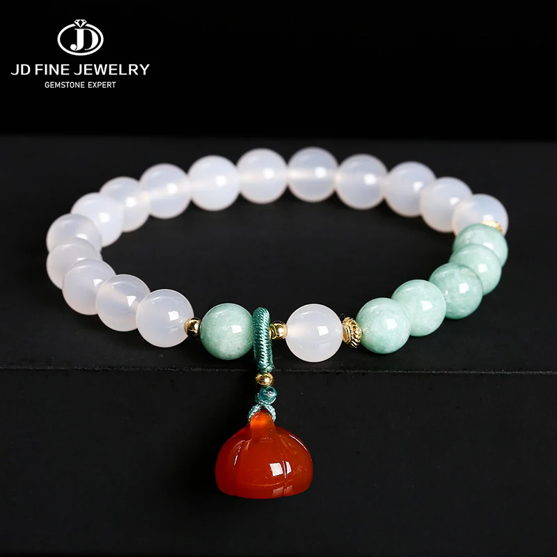 JD Natural White Agate Stone Myanmar Jade Lotus Charm Bracelets Women Fashion Lucky Stretch Bangles Friendship Jewelry Gift