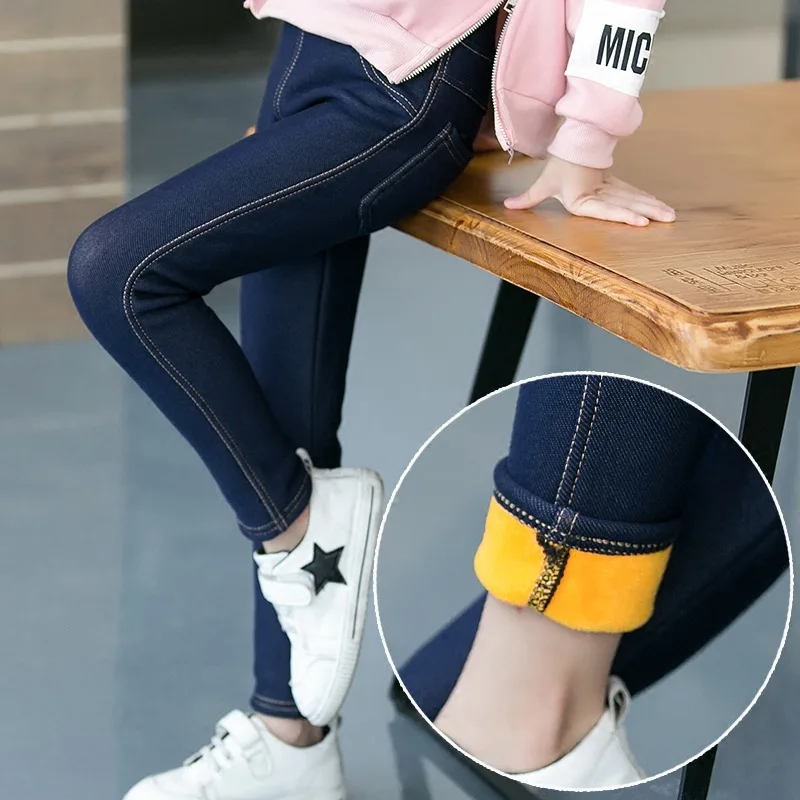 Girls Winter Cowboy Denim Kids Pants with Fleece for Children Elastic Waist Bootcuts Jeans