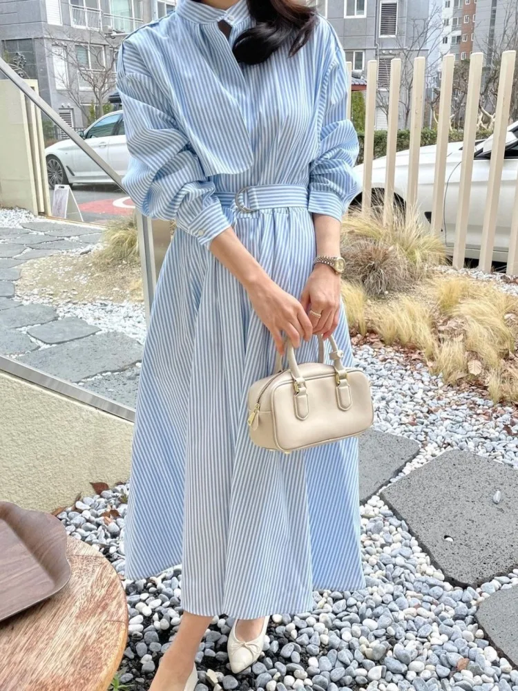 Spring Summer Women\'s Long Striped Shirt Dress with Belt Full Sleeve Stand Collar Slim A-line Dresses Female 2024