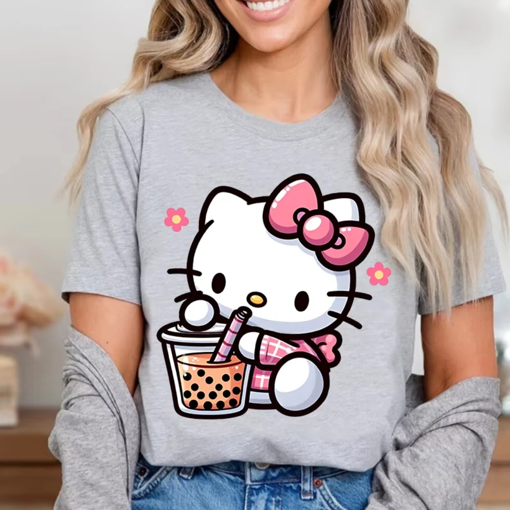 

MINISO Hello Kitty Drinking Bubble Tea женская футболка из чистого хлопка с короткими рукавами повседневные топы персонализированная мужская одежда