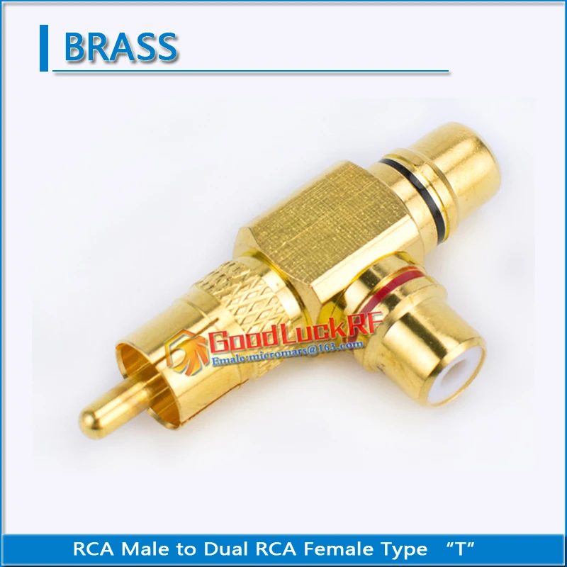 

Brass RCA Male to Dual RCA Female audio and video connection Type T lotus three split RCA RF connector extension conversion