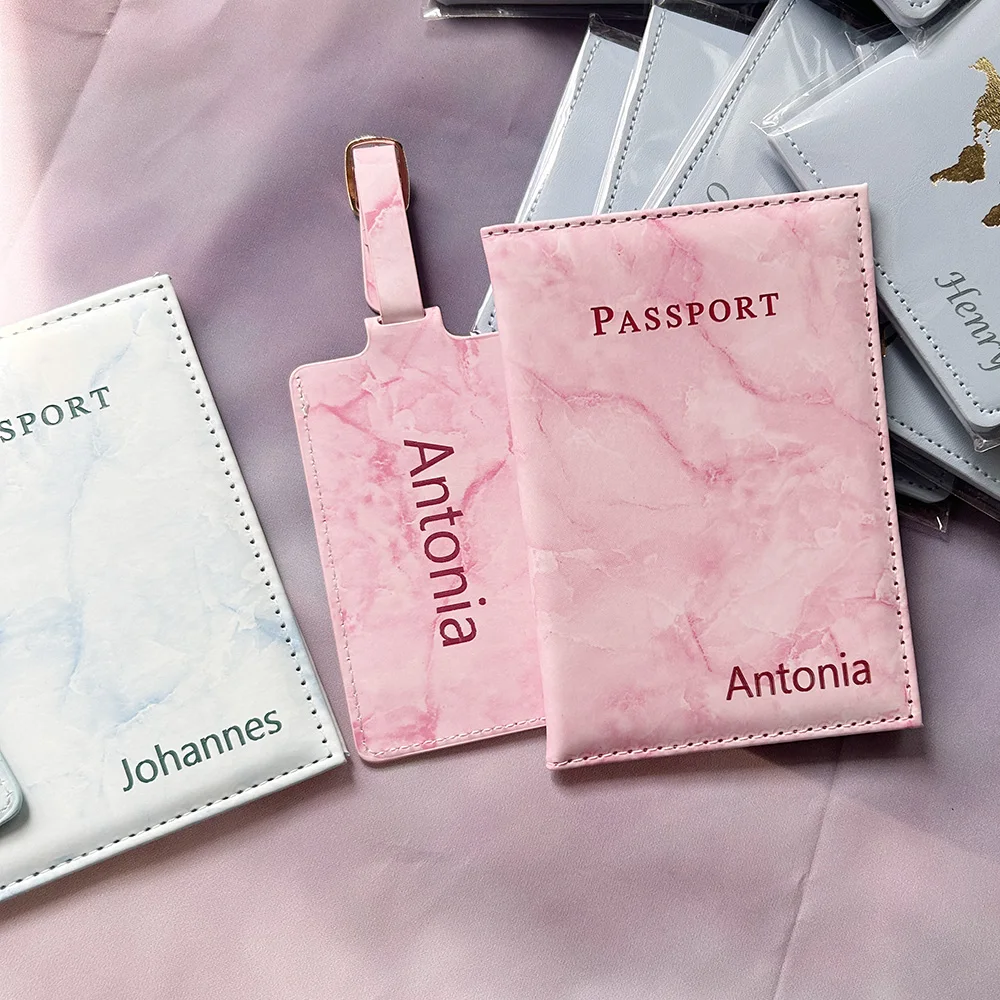 2 unids/set funda para pasaporte con nombre personalizado y etiqueta de equipaje, porta pasaporte de viaje cartera organizador regalo para pareja