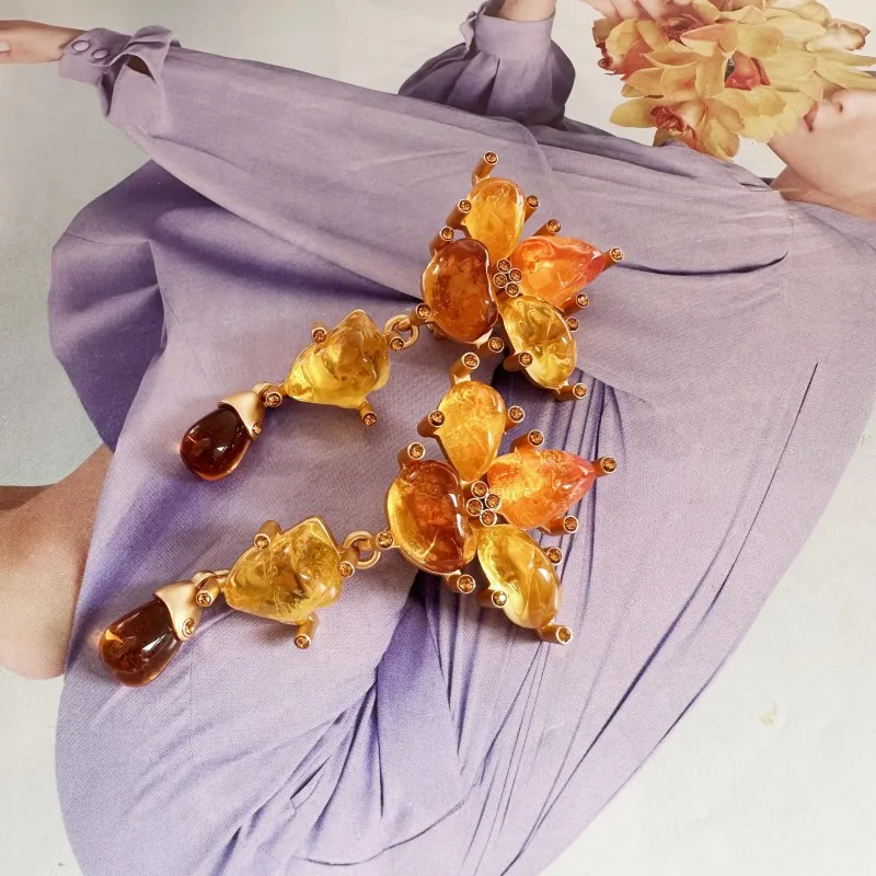 

Fashion Jewelry Orange Petal Long Tassel Earrings, Vintage High-end Studs or Clips