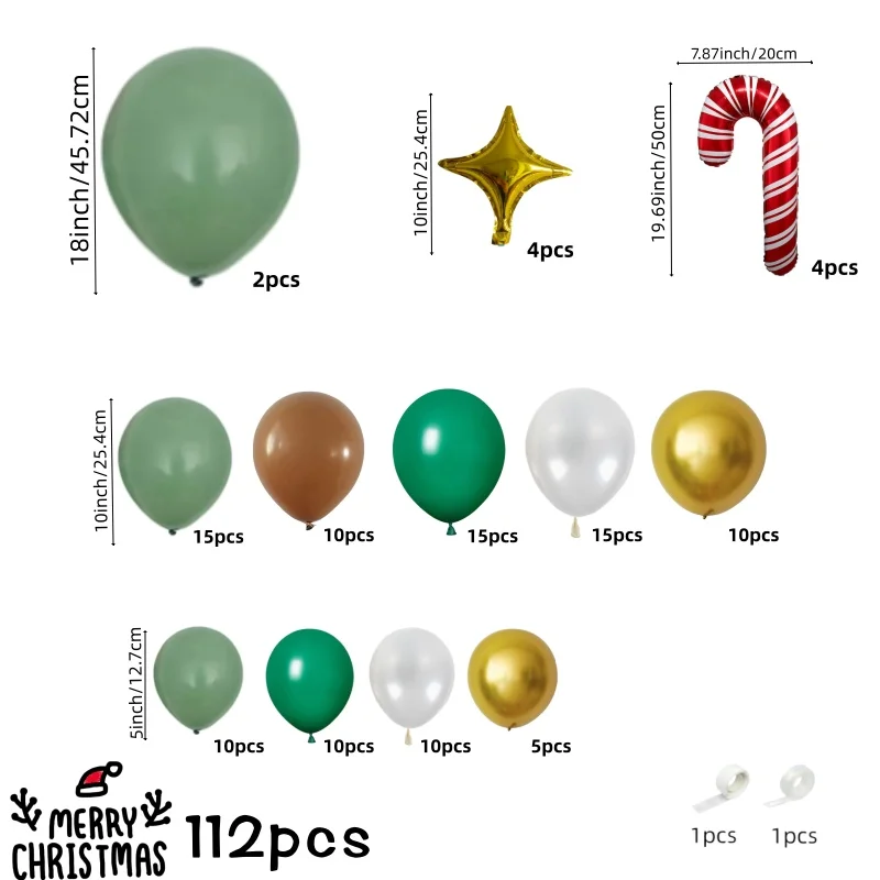 112Pcs Merry Christmas Themed Balloon Arch Kit, Green Khaki White Gold Latex Balloons with Four-Pointed Star Candy Cane Balloons, Perfect for Christmas Party Indoor/Outdoor Decoration