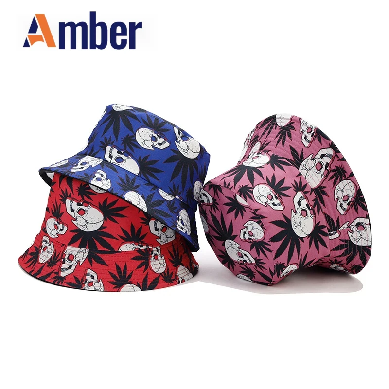 

Amber Skull Print Bucket Hat Cartoon Leaf Panama Fisherman Hats Double Sides Spring Summer Sun Outdoor Cap 2023 New Style