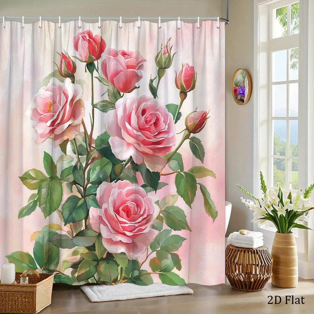 A Single Piece of a Pink Rose Shower Curtain Showcasing Fully Bloomed Roses in Different Pink Hues, Set Against a Watercolor-Sty