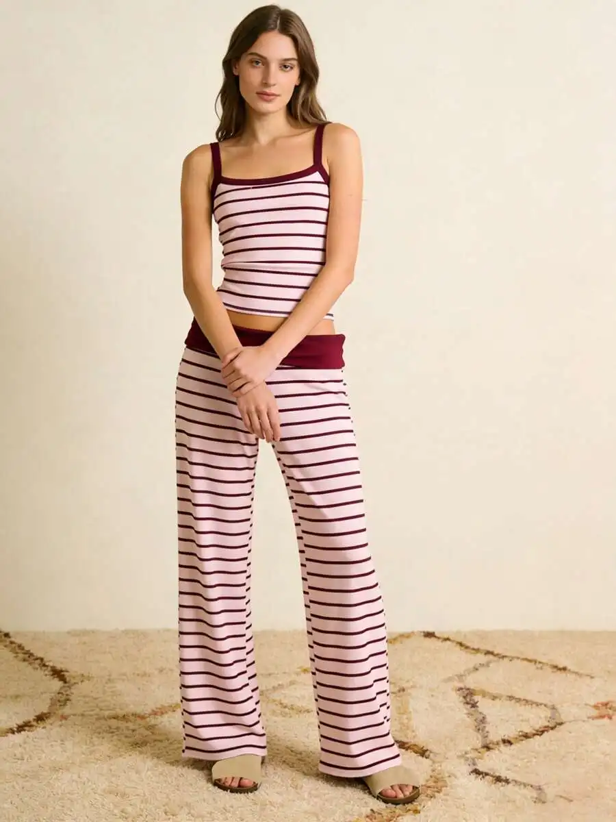 

Womens Striped 2-Piece Lounge Set Sleeveless Tank Top And Loose Pants Soft Sleepwear