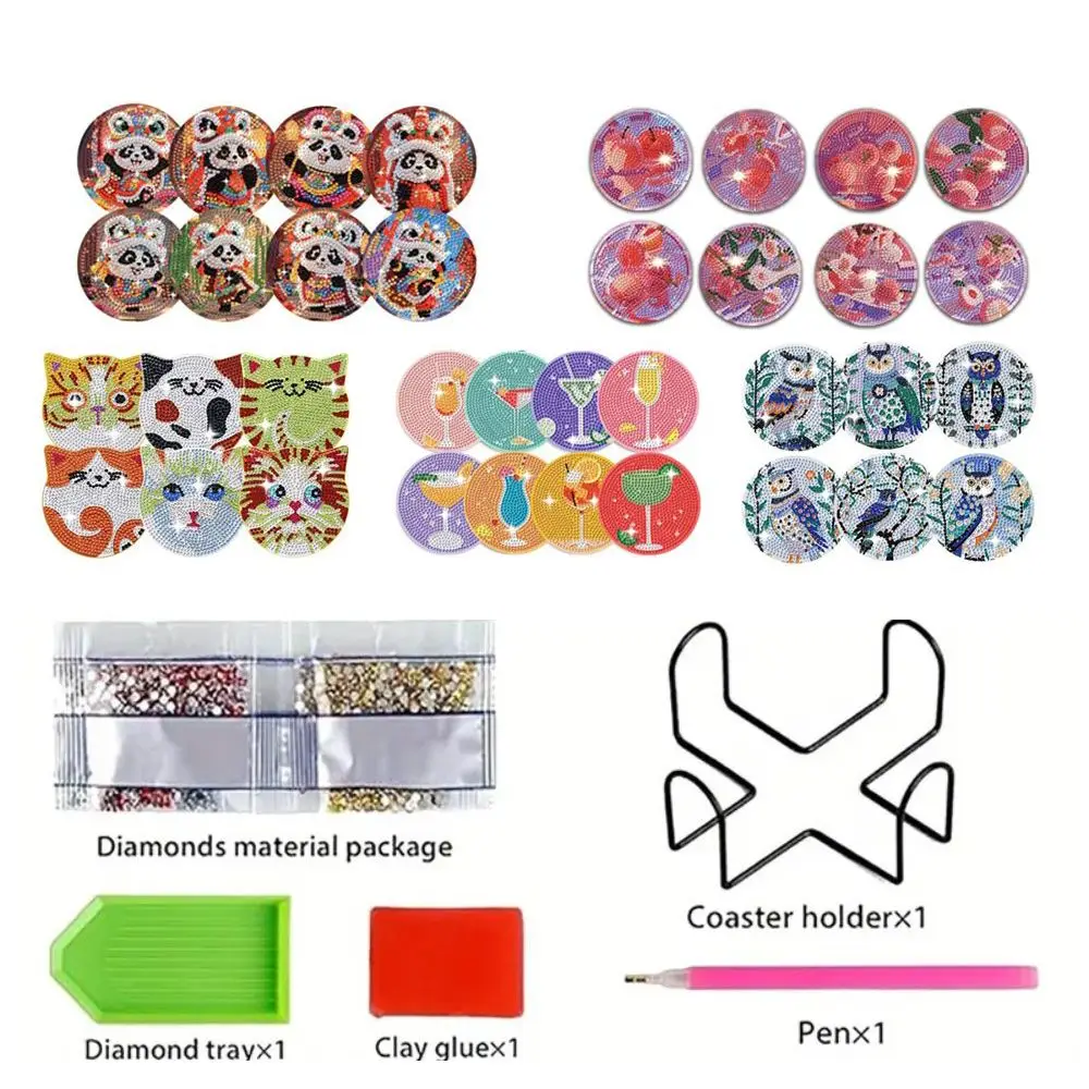 8PCS/6PCS With Stand DIY Painting Coasters Cute Panda Entry-level Round Art Coasters Handmade Table Protector