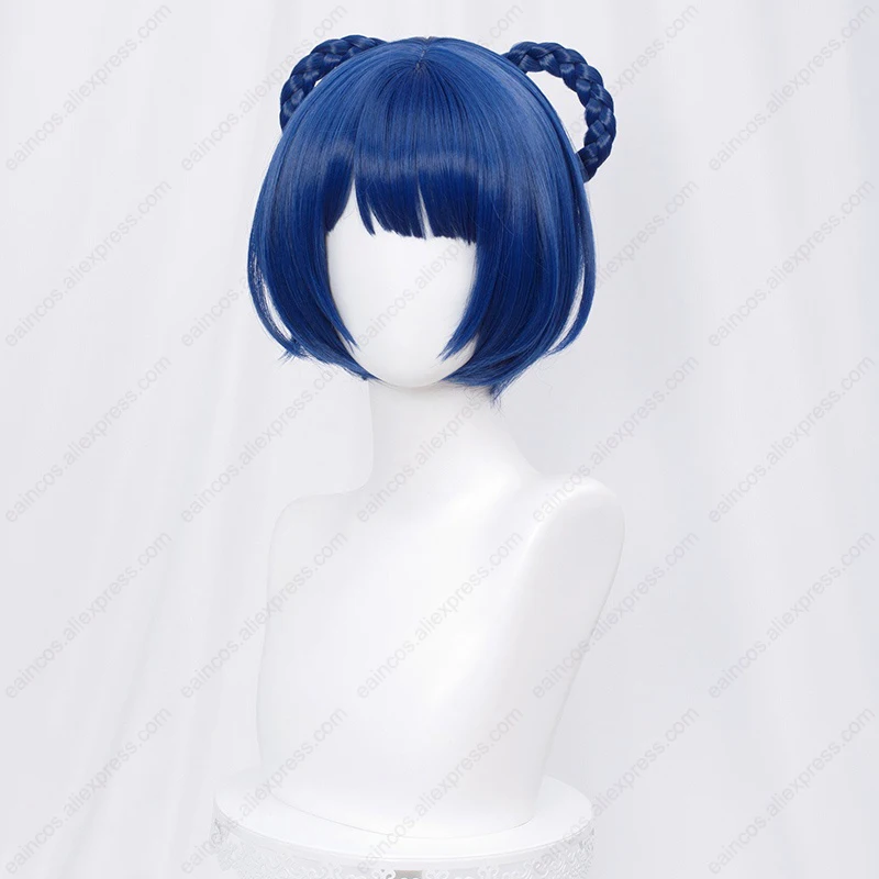 Xiangling Wig Cosplay 30cm, Wig pendek biru gelap tahan panas rambut sintetis bermain peran