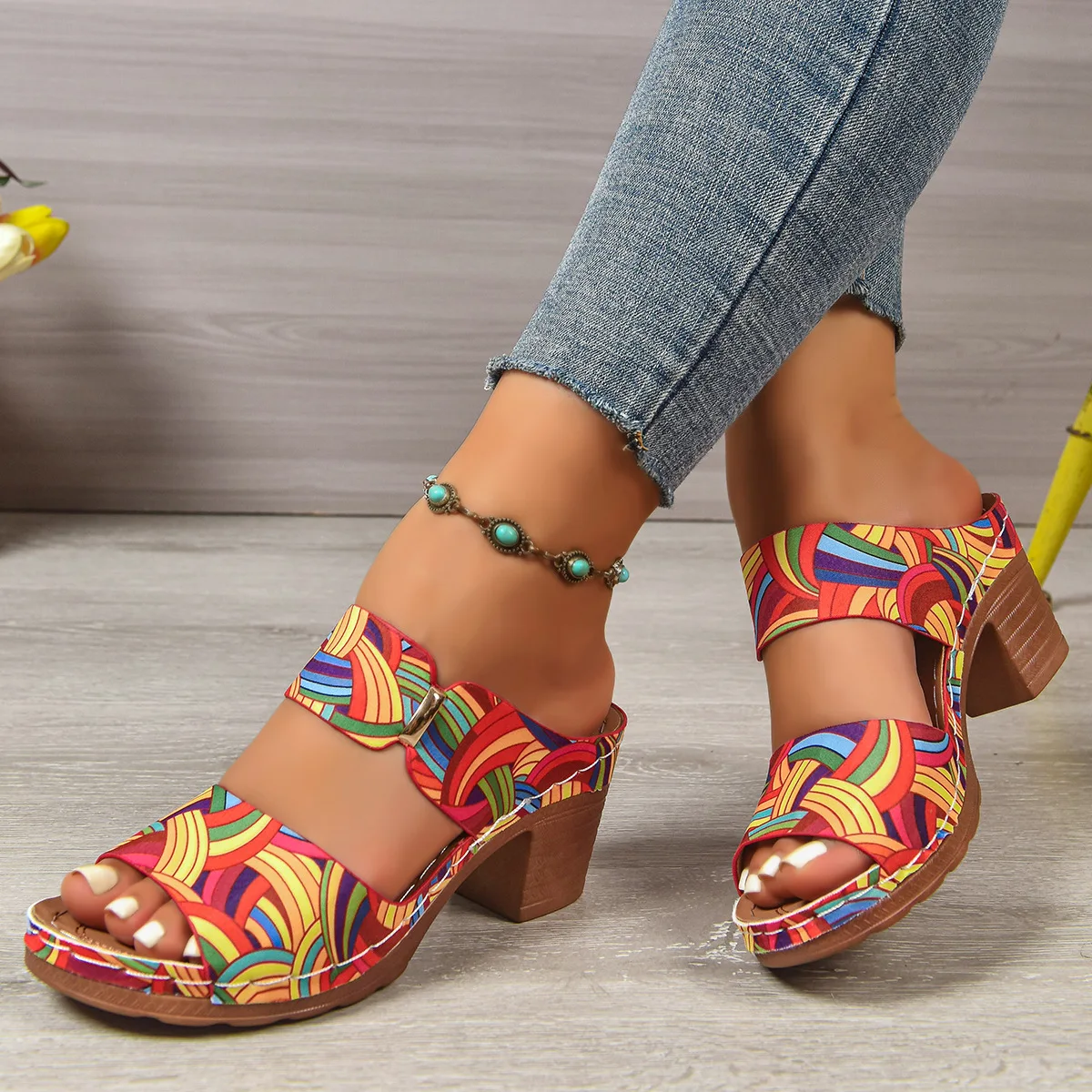 

Women's Slippers 2025 New Casual Elegant Thick Heels Colorful Open-toed Slippers Outdoor Non-slip Banquet Party High Heels