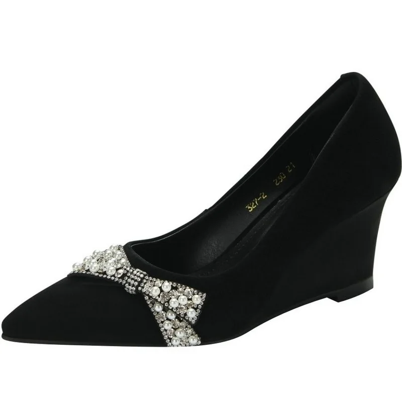 FHC Nubuck Women Pumps,High Heels Flock Shoes,Rhinestone Bowtie Wedges,Slip On,Pointed Toe,Black,Big Size,34-42,Dropship