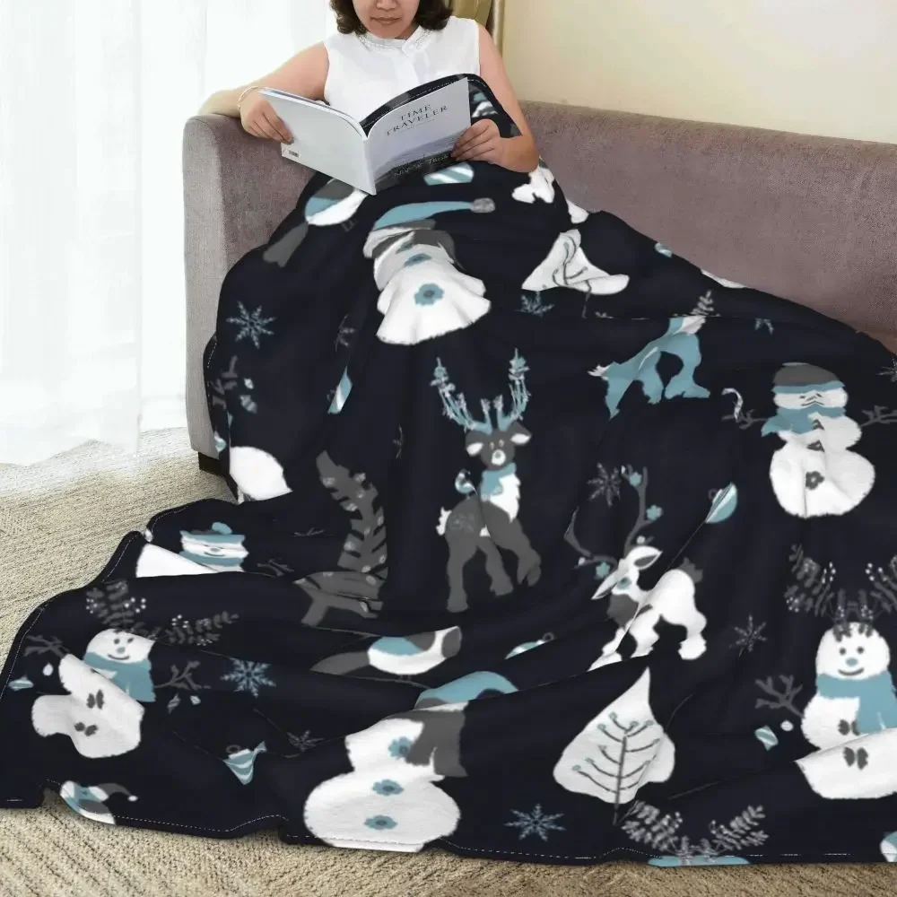 

Christmas Snowmen Reindeer Blanket Winter Grey Gift Travel Flannel Throw Blanket Warm Soft Bedroom Custom DIY Bedspread Gift