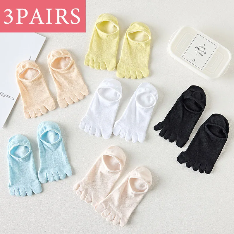 

3Pairs Running Women's Open Toe Socks Elastic Short Solid Cotton Sweat-absorbing Five Finger Invisible Low Cut Boat Ankle Sock