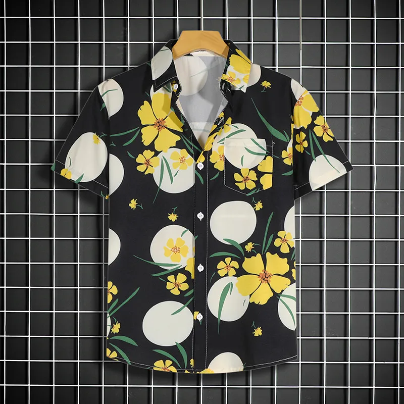 Hawaiian men's beach shirt Hainan short sleeved loose combination travel vacation cartoon half sleeved floral plus size shirt