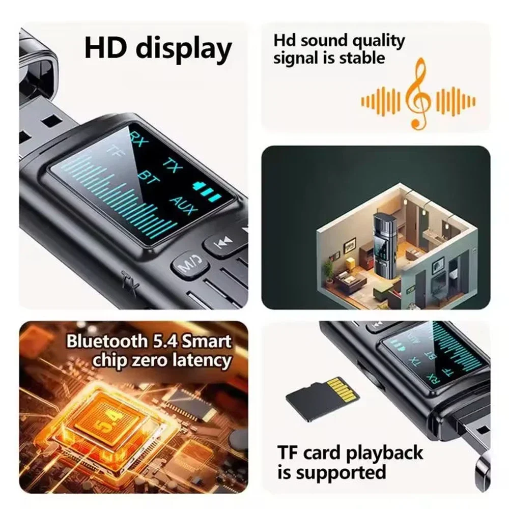USB Bluetooth 5.4 receiver transmitter AUX USB audio adapter LED display TF card playback car TV speaker PC Bluetooth receiver
