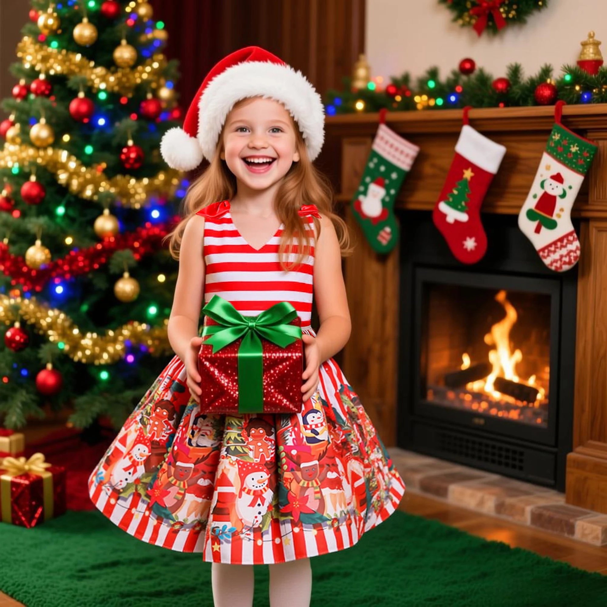 Kinder Mädchen Weihnachtsmann Bedrucktes Weihnachtskostüm Rote und weiße Streifen Kinder Mädchen Neujahr Prinzessin Party Ballkleider 3-10 Jahre