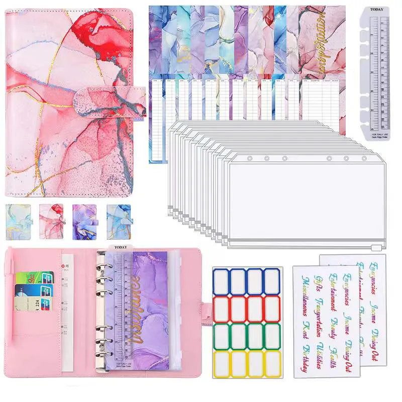 A6 PU Budget Binder with 12 Pcs Zipper Cash Envelopes, 12 Pcs Budget Sheets,Label Stickers,Money Organizer for Saving Budgeting