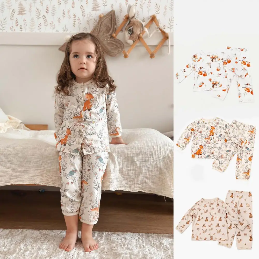 2024 Children's Pajama Set Cute Animal Printed Girl Long Sleeves Pajamas Two Piece Sets Casual Child Kids Girls Home Clothes