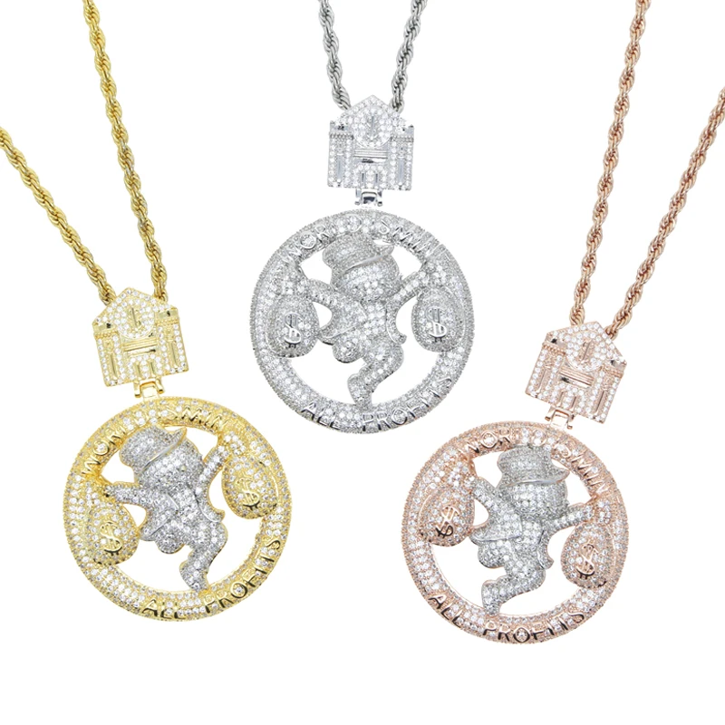 جديد الهيب هوب رسالة كل الربح العالم هو بلدي قلادة قلادة مثلج خارج بلينغ 5A تشيكوسلوفاكيا الزركون الدولار حقيبة سحر الرجال روك مجوهرات