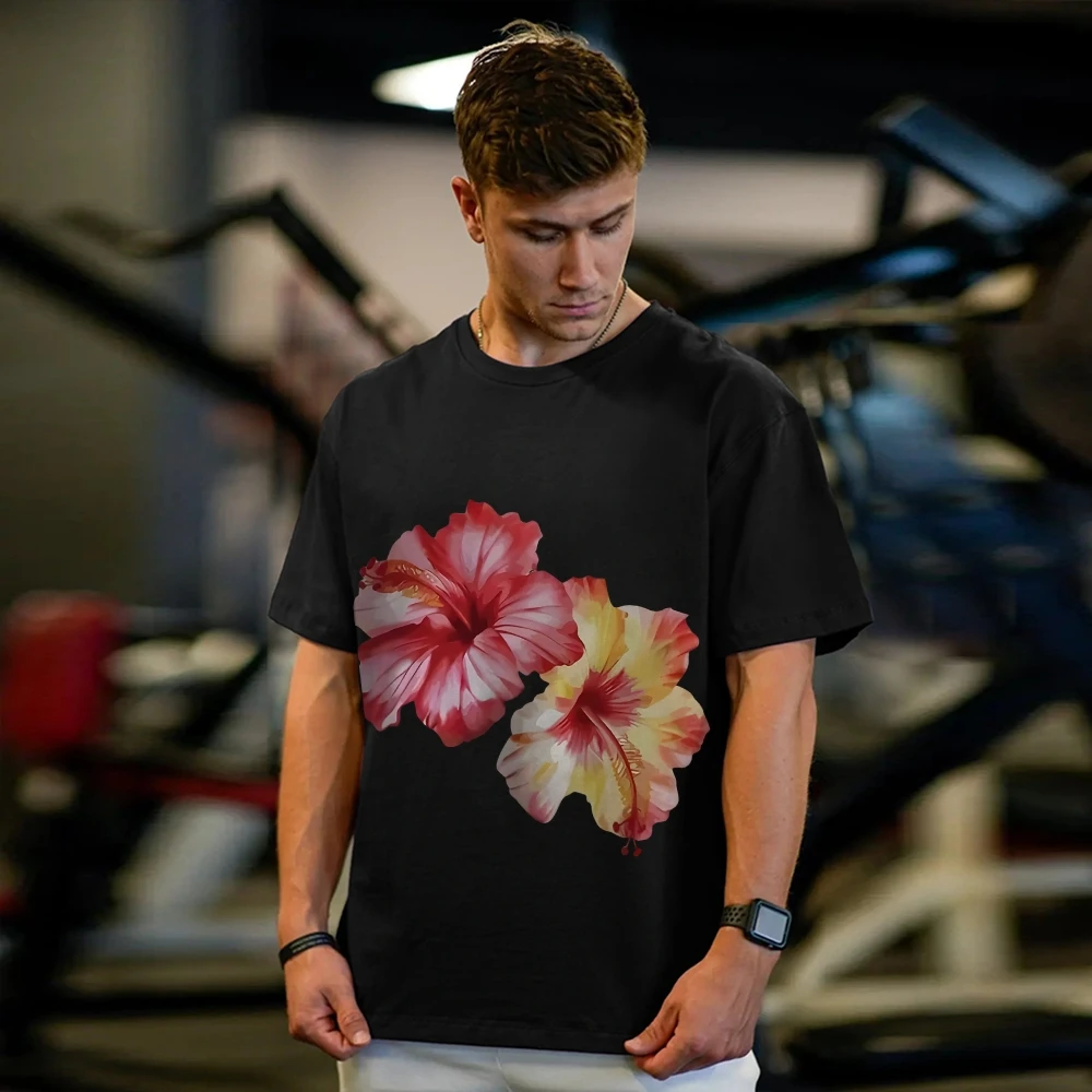 

Y2K Aesthetic Black T Shirt for Men & Women Striking Hibiscus Print Loose Fit Short Sleeve for Daily & Gym Wear Graphic T Shirts