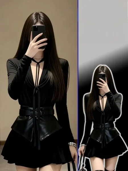 

Модный комплект больших размеров: топ с V-образным вырезом и длинными рукавами, юбка А-силуэта с высокой талией для женщин, создающий стройнящий эффект