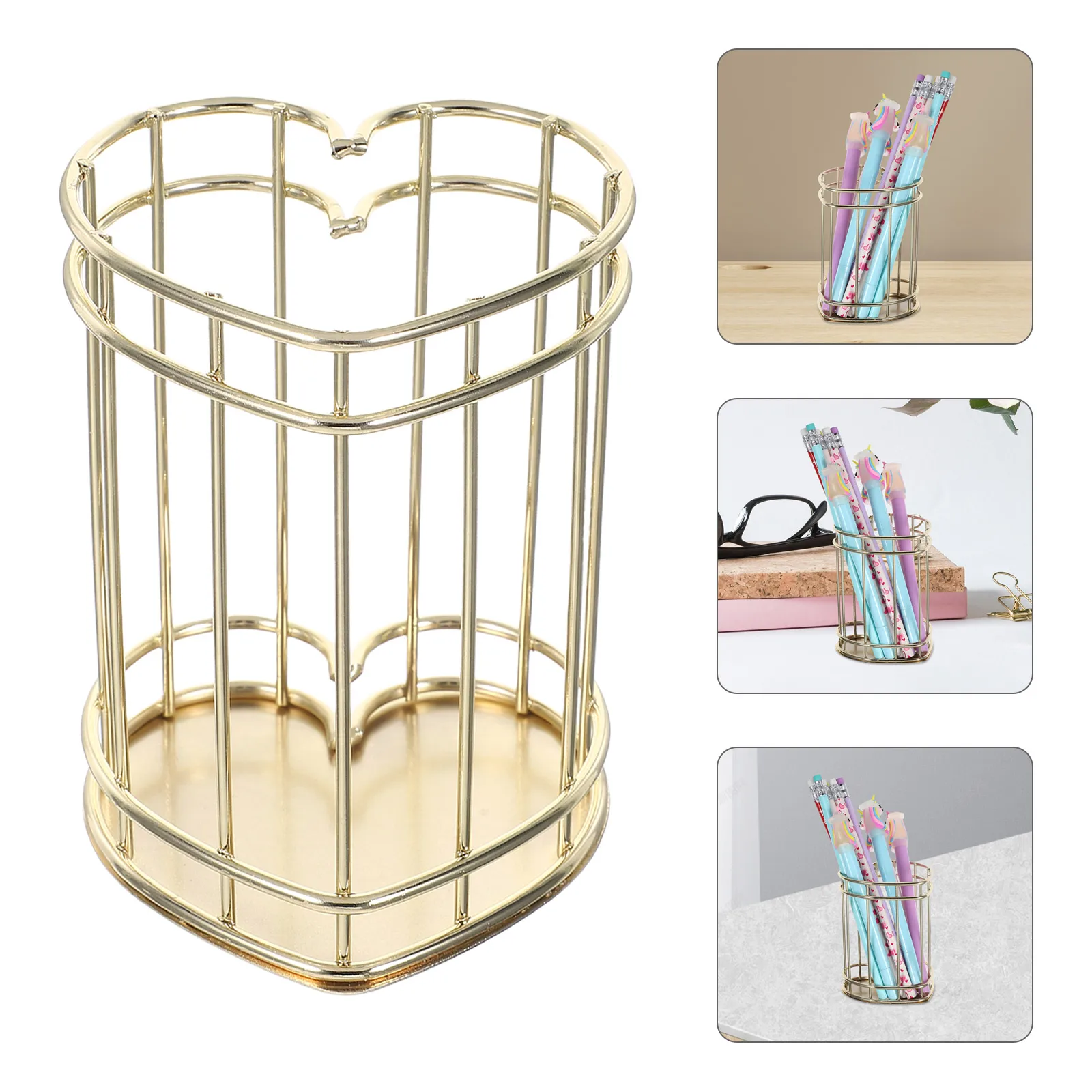 

Держатель для ручек в форме сердца, металлический стол, ведро для канцелярских принадлежностей, горшок для карандашей, офисные принадлежности, золотая гладкая текстура