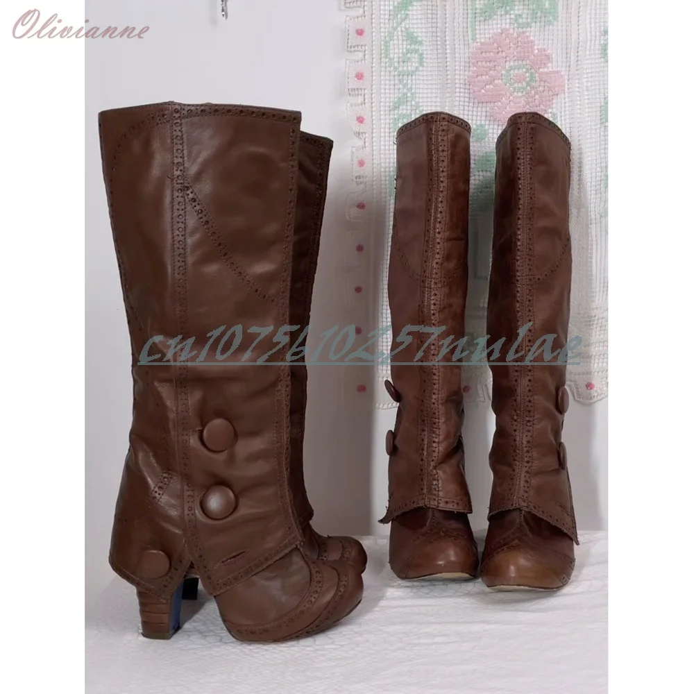 

Brown Buckle Decor Retro Style Mid Calf Boots Elegant Chunky High Heel Matte Leather Fashion Sexy 2026 Women Shoes Para Mujere