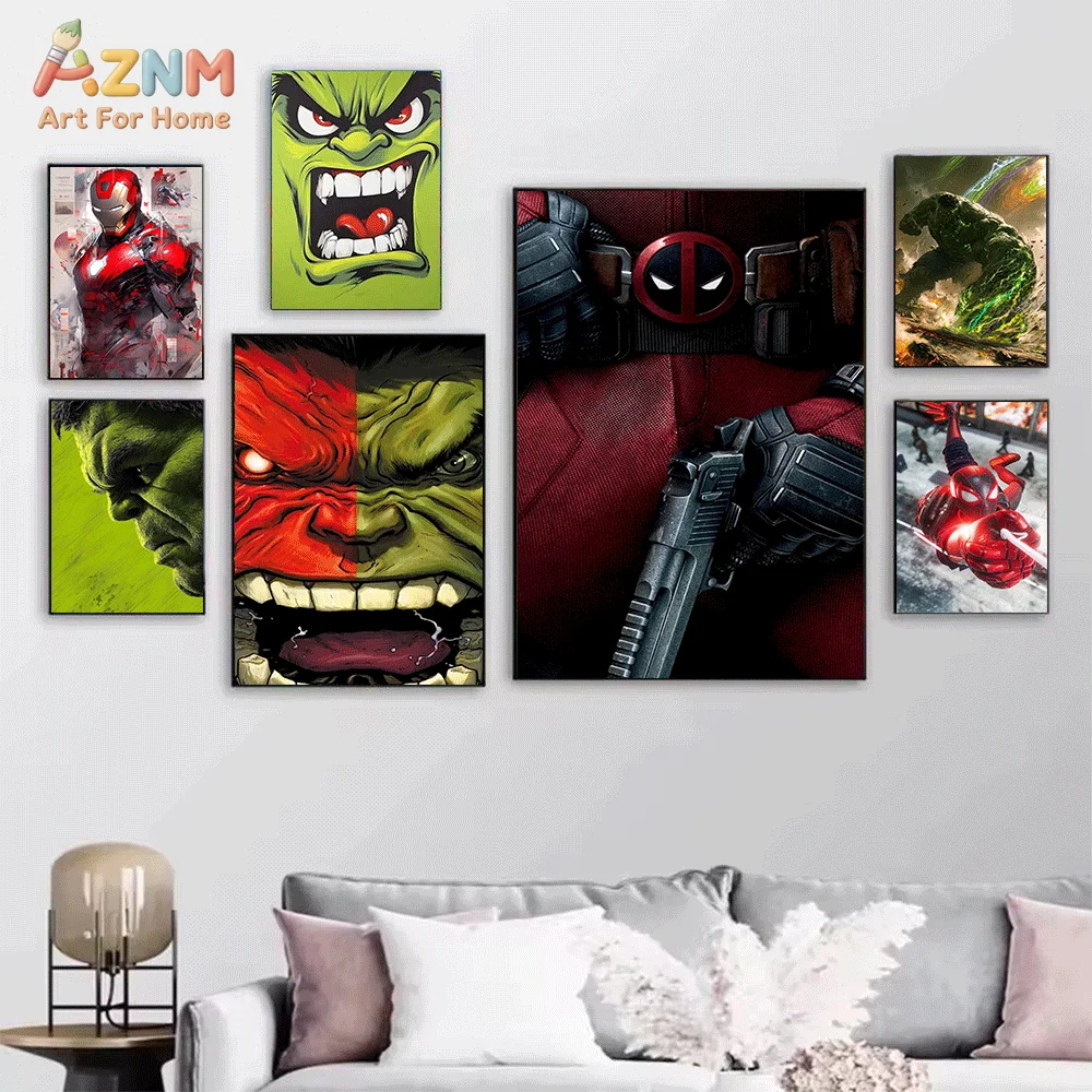 AZNM Cool Marvel Superhero Character Frameless Canvas Wall‑Art Print Miles‑Morales Spider‑Man Deadpool Venom Hulk Iron‑Man Com
