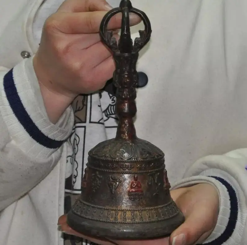 8'' Rare old Tibet bronze gilt tara Buddhism 8 treasures Exorcism clock bell