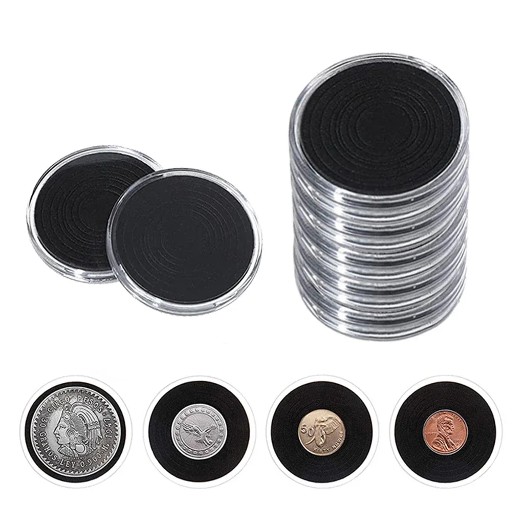 10PCS 46mm Clear Coin Capsule Case Storage Box with 16/20/25/27/30/35/40mm Black Foam Gaskets Coin Collection Holder Protector