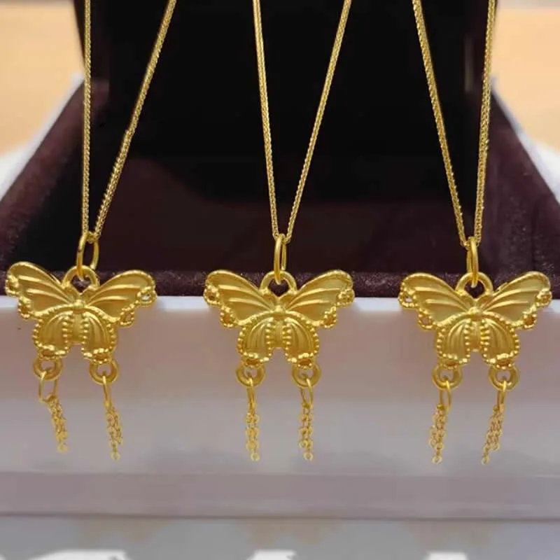 

New 24K Yellow Gold Pendant Women 999 Gold Butterfly Tassels Necklace Pendant