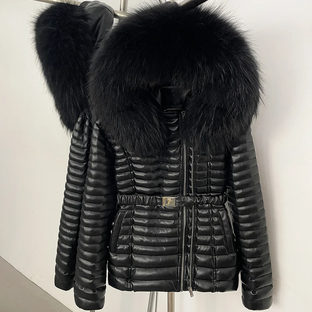 OFTBUY Damen Winter-Daunenjacke mit Echtem Pelzkragen, Gürtel, Langer Puffermantel mit Kapuze, Warme Modische Lässige Oberbekleidung – Detail 5