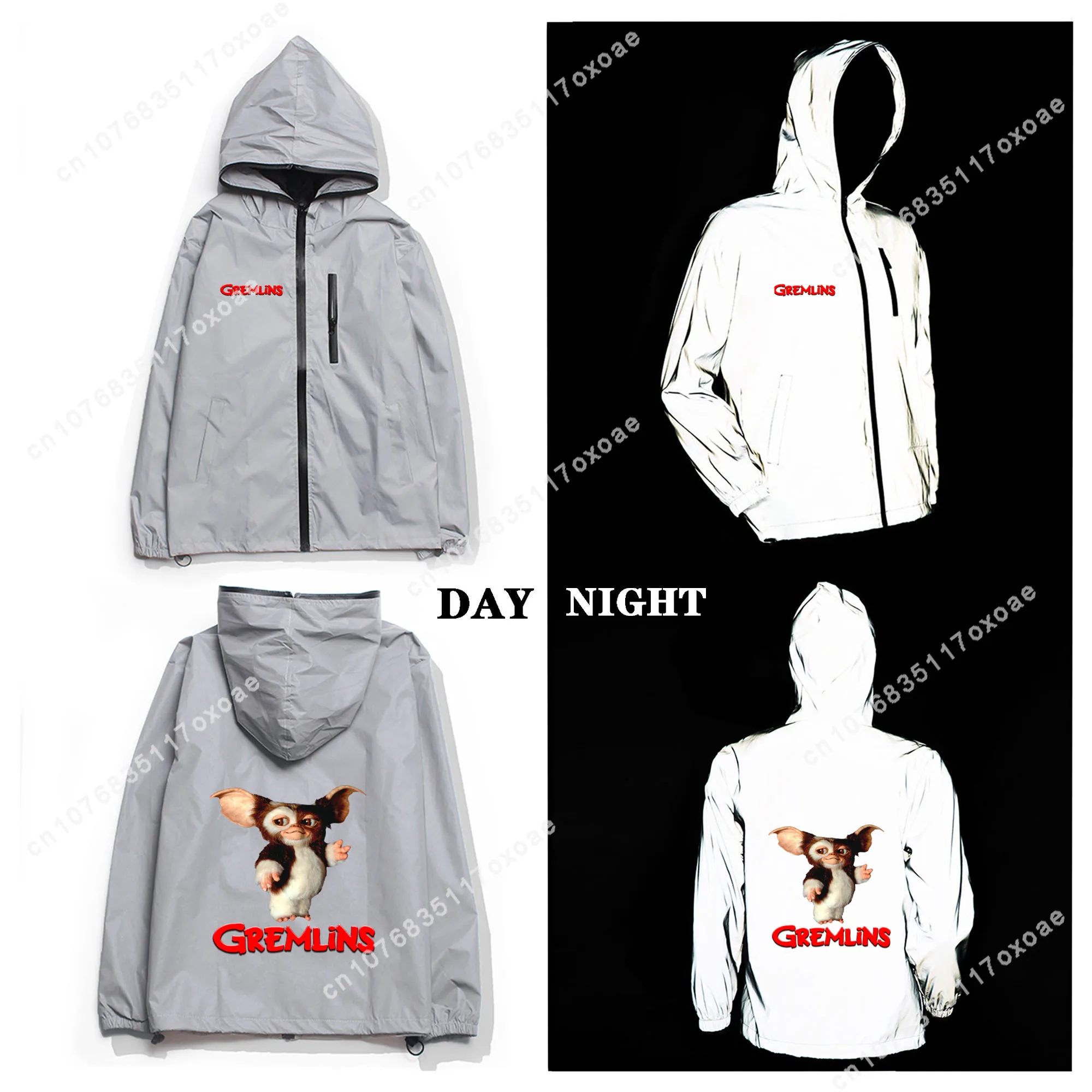 

G-Gremlins Reflective Jacket Mens Womens Coat Hooded Windbreaker Pocket Jackets Anime Cartoon Manga Customization Hoodie