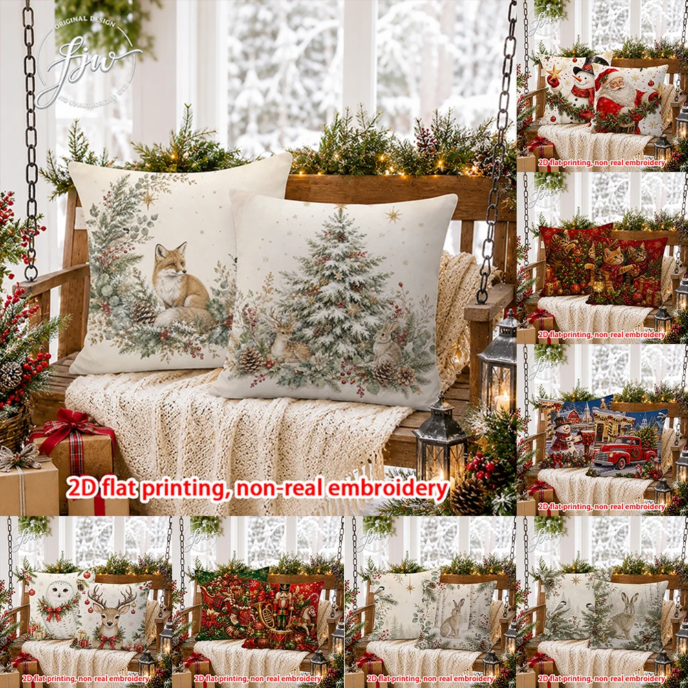 2D FLAT-2PCS Christmas Vintage Animal Tree Throw Pillow Covers Sofa bedroom porch New Year decoration only pillowcase