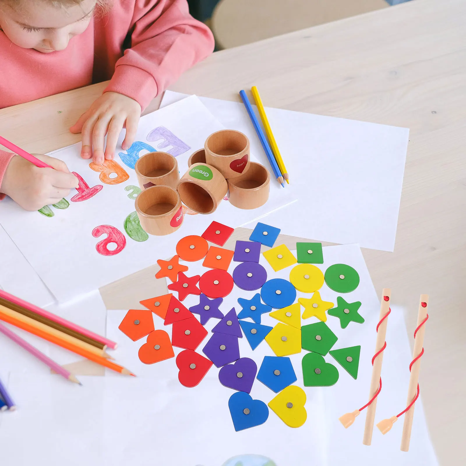 1 Set Formensortierbecher für Kinder, passende Box, Holz-Lernpuzzle für Kleinkinder, Feinmotorik, Farberkennung, Entwicklungsförderung
