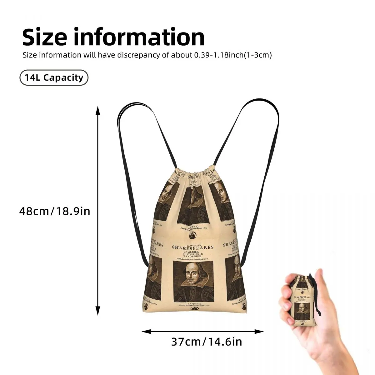 Shakespeare First Folio Front Piece Drawstring Backpack hiking cycling Bag Portable Travel Drawstring Bag for Men Women