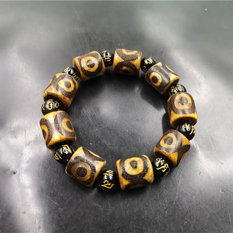 Vintage Old Tube Bead Men And Women, Tibetan Style Three-Eyed Agate Bracelet