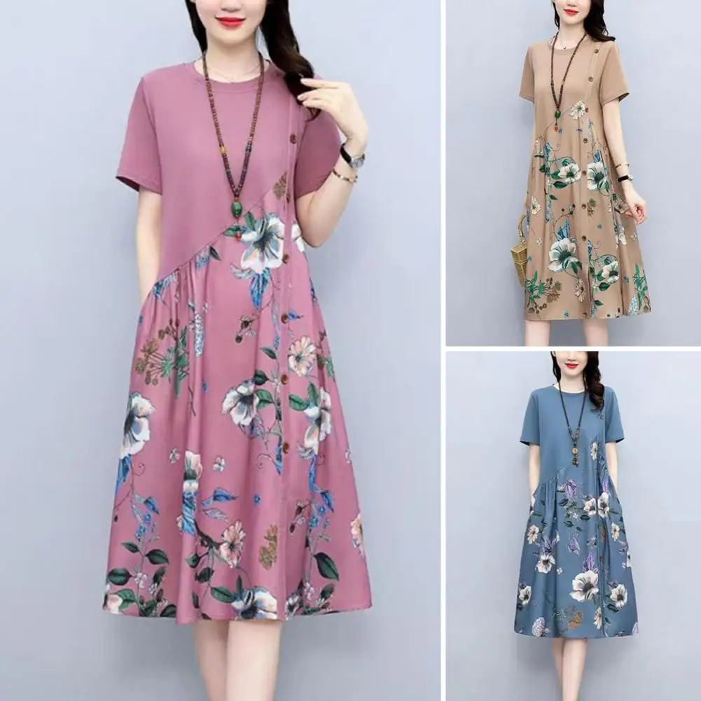 

Floral Printed Dress Floral Print Patchwork Midi Dress with Button Decor for Women Retro A-line Summer Dress with Short Sleeves