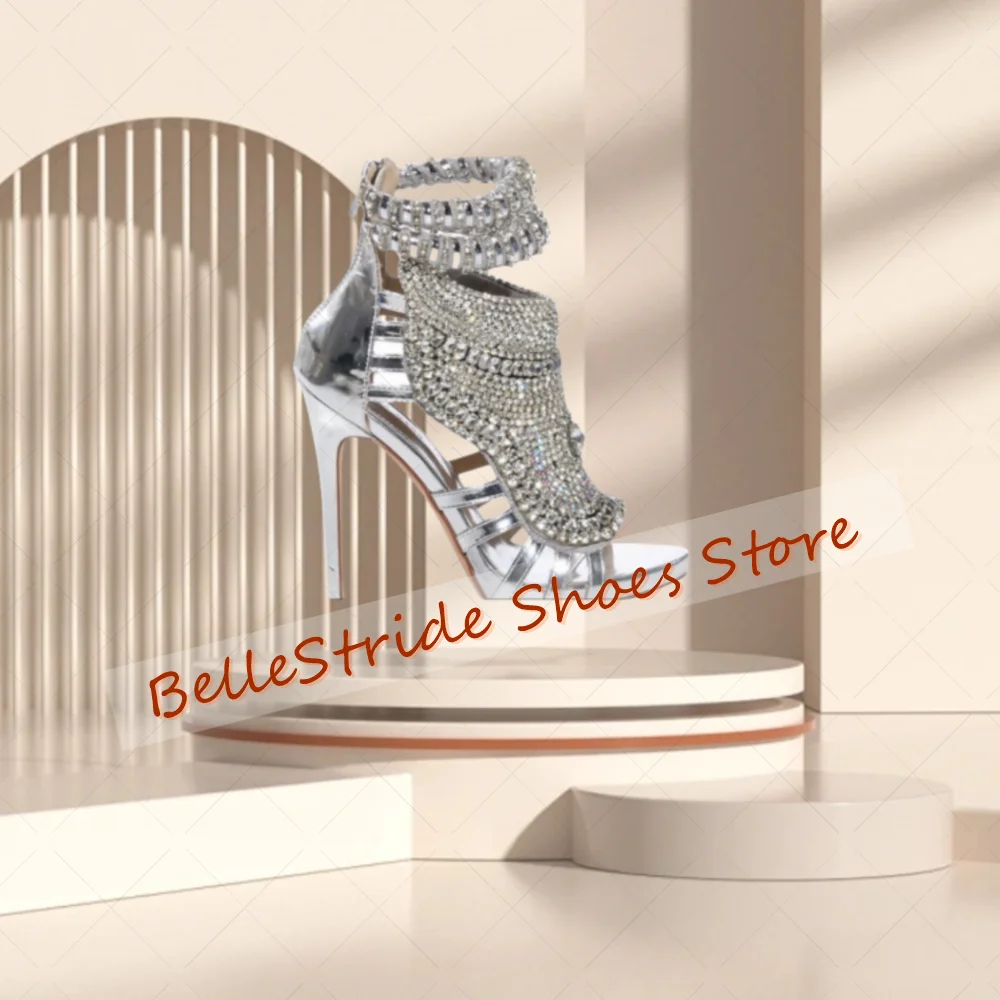 Black Hollow Out Crystal Sandals Back Zipper Women Shoes Stilettos High Heels Party Banquet Dating 2025 Zapatos Para Mujere