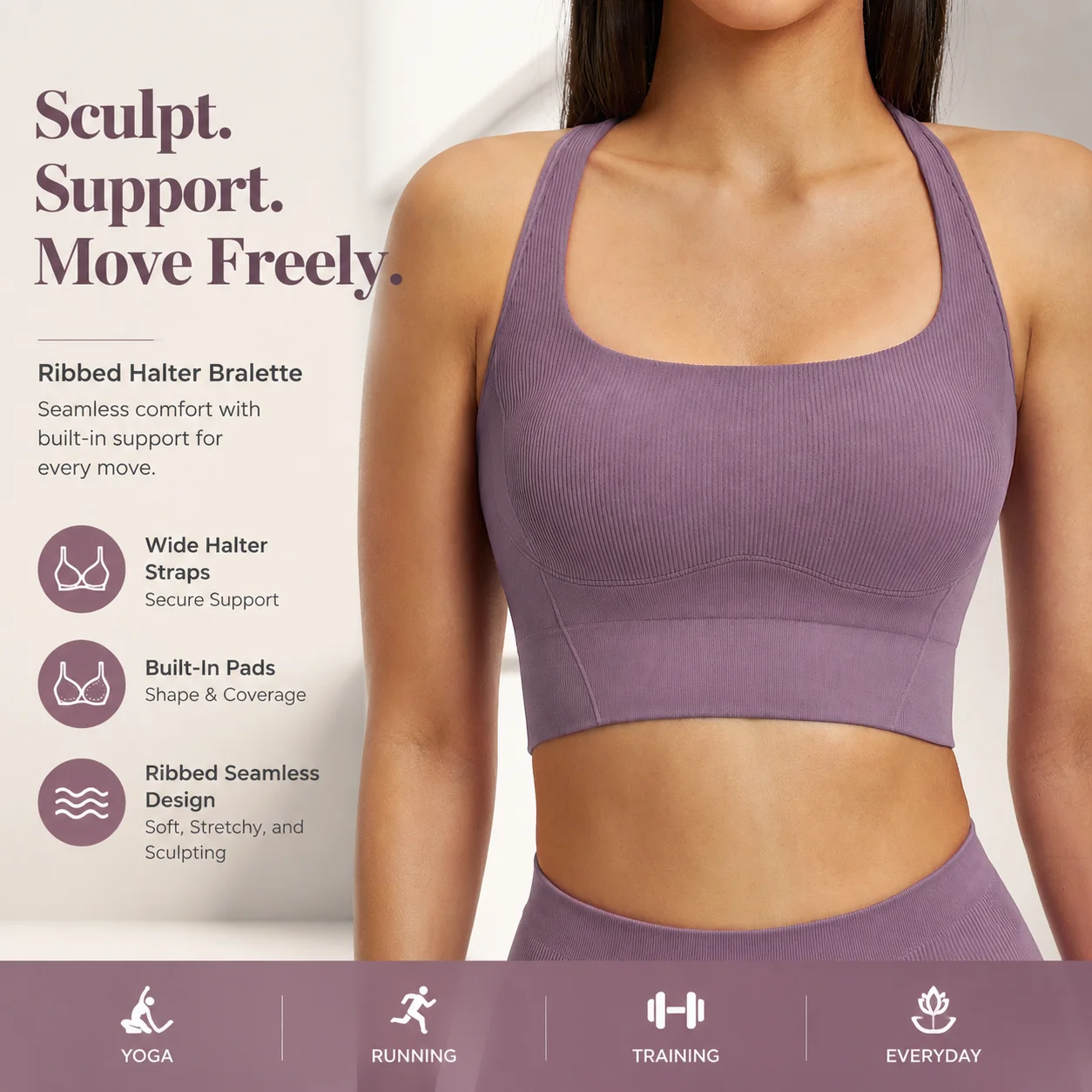 Ribbed Wide Strap Halter Bralette with Built-In Pads Women's Seamless Sports Bra Sculpting Crop Top for Gym Yoga Running