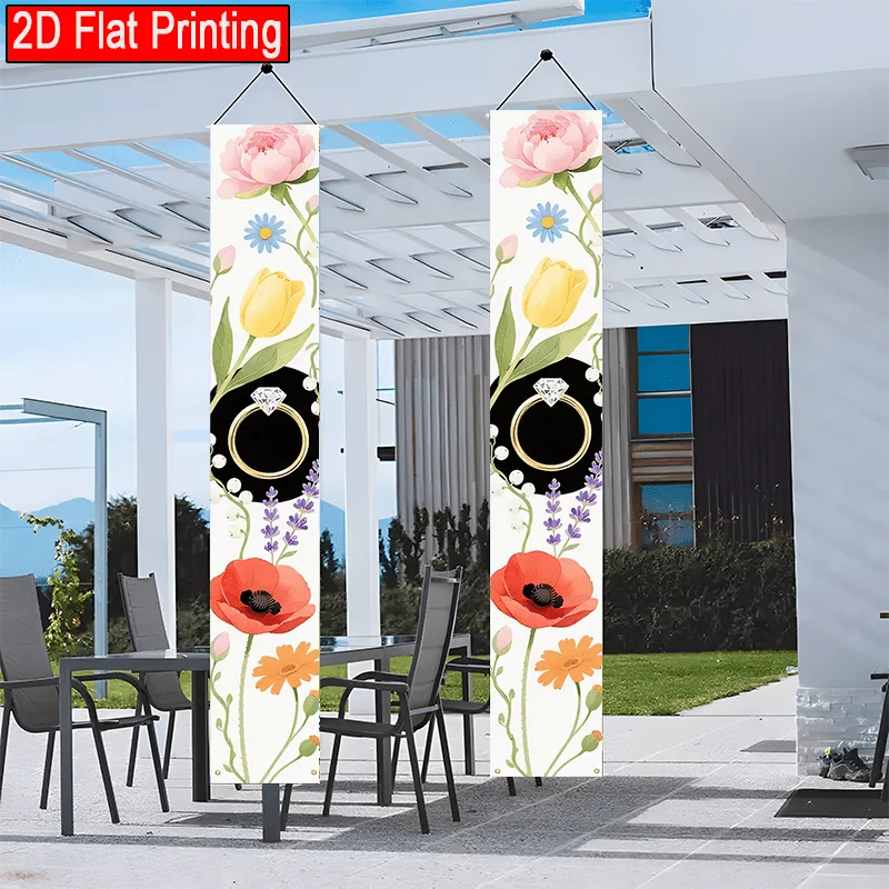 2Pcs Elegant Floral Wedding Porch Signs, Polyester Door Couplets with Red Pink Blue Yellow Flowers Green Leaves Gold Decor